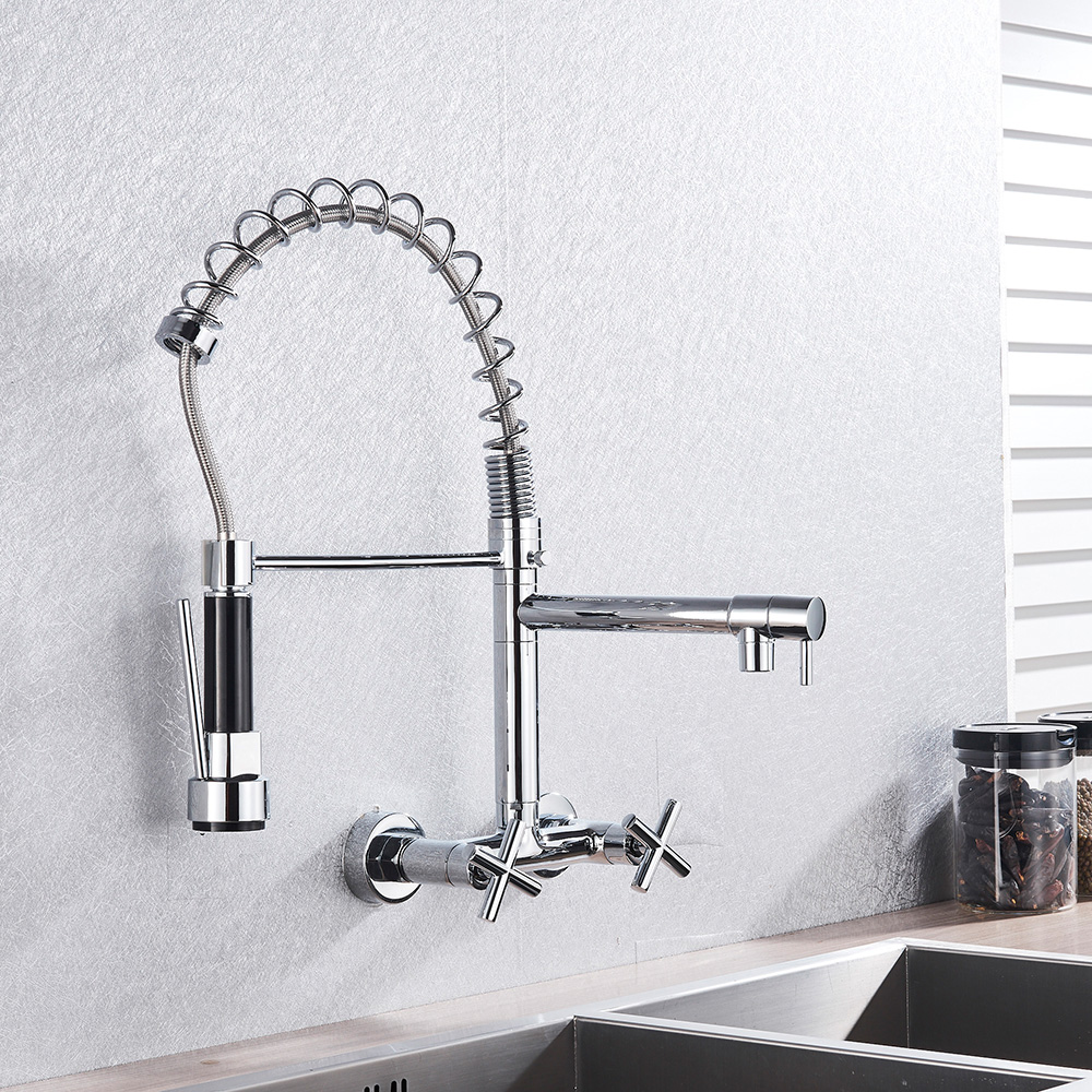 Wall Mount Spring Basin Kitchen Faucet Pull Down Hot Cold Water Kitchen Sink Mixer Tap Dual Handle Two Swivel Spout Basin Tap|Basin Faucets|   - AliExpress