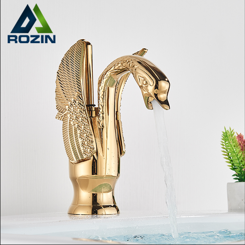 Golden Basin Faucet Brass Deck Mount Bathroom Faucets Swan Shape Single handle Lavatory Sink Hot Cold Water Mixer Taps|faucet thermostatic|faucet extensionplate lifter - AliExpress