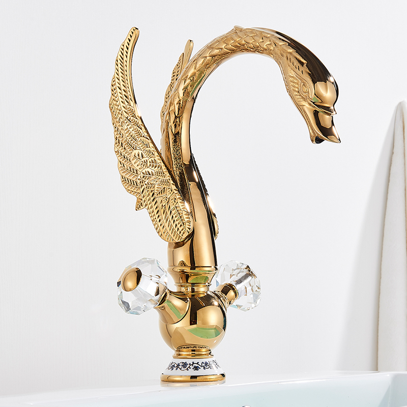 Rozin Luxury Golden Basin Faucet Golden Swan Shape Bathroom Faucet Soild Brass Deck Mount Hot Cold Water Dual handle Mixer Tap|Basin Faucets|   - AliExpress