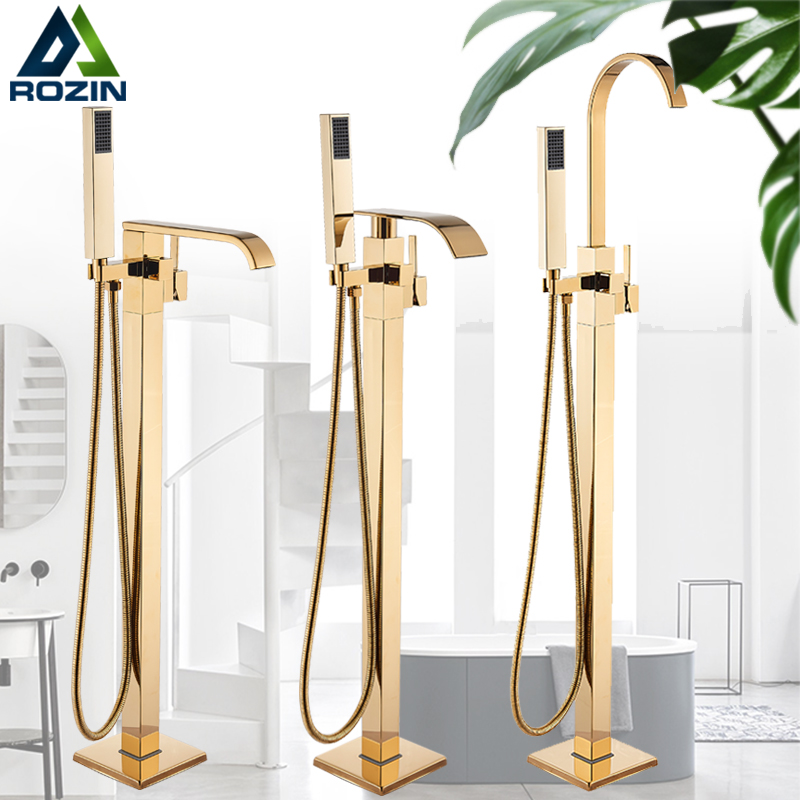 Rozin Golden Bathtub Shower Faucet Floor Mounted Bathroom Shower Mixer Tap Free Standing Waterfall Robinet de baignoire|Bathtub Faucets|   - AliExpress