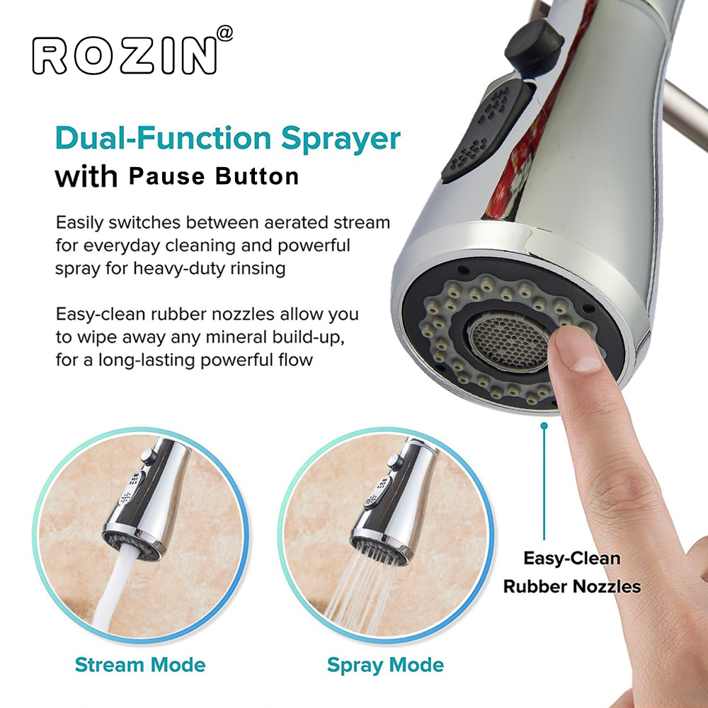 Rozin Brushed Nickel Kitchen Faucet Single Hole Pull Out Spout Kitchen Sink Mixer Tap Stream Sprayer Head Chrome/Black Mixer Tap|Kitchen Faucets|   - AliExpress