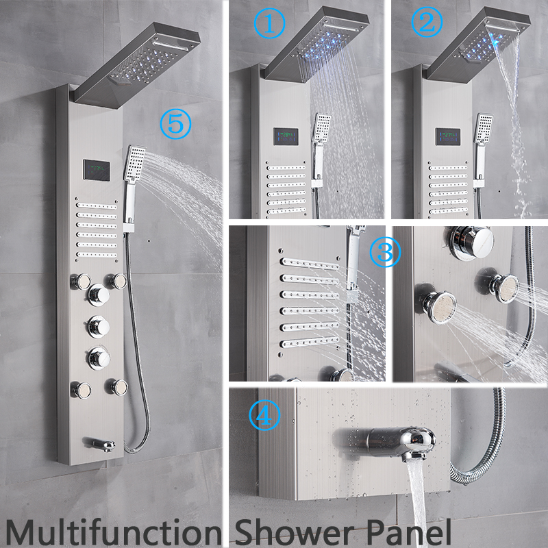 Rozin Brushed nickel Bathroom Shower Column Black LED Shower Panel Rainfall Shower Faucets Digital Screen 6 Modes Mixer Tap|Shower Faucets|   - AliExpress