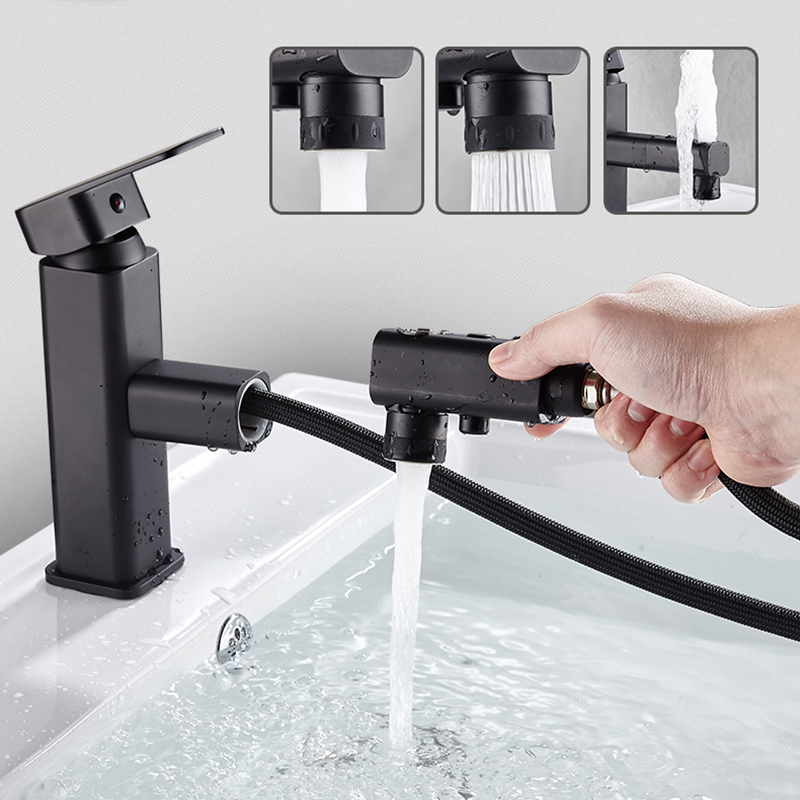 Matte Black Pull Out Basin Faucet Bathroom Wash Basin Tap Deck Mounted Cold Hot Water Mixer Faucet Chrome|Basin Faucets|   - AliExpress