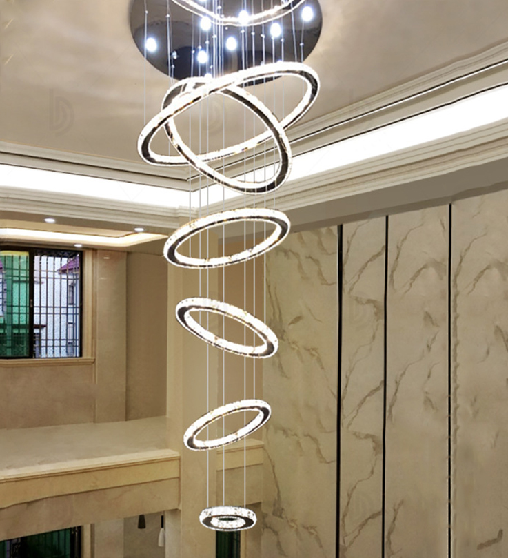 K9 Crystal Luxury LED Chandelier Rotating Stairs Multi Rings Postmodern Hanging Lamp Living Room Kitchen Island Big Chandeliers|Chandeliers|   - AliExpress