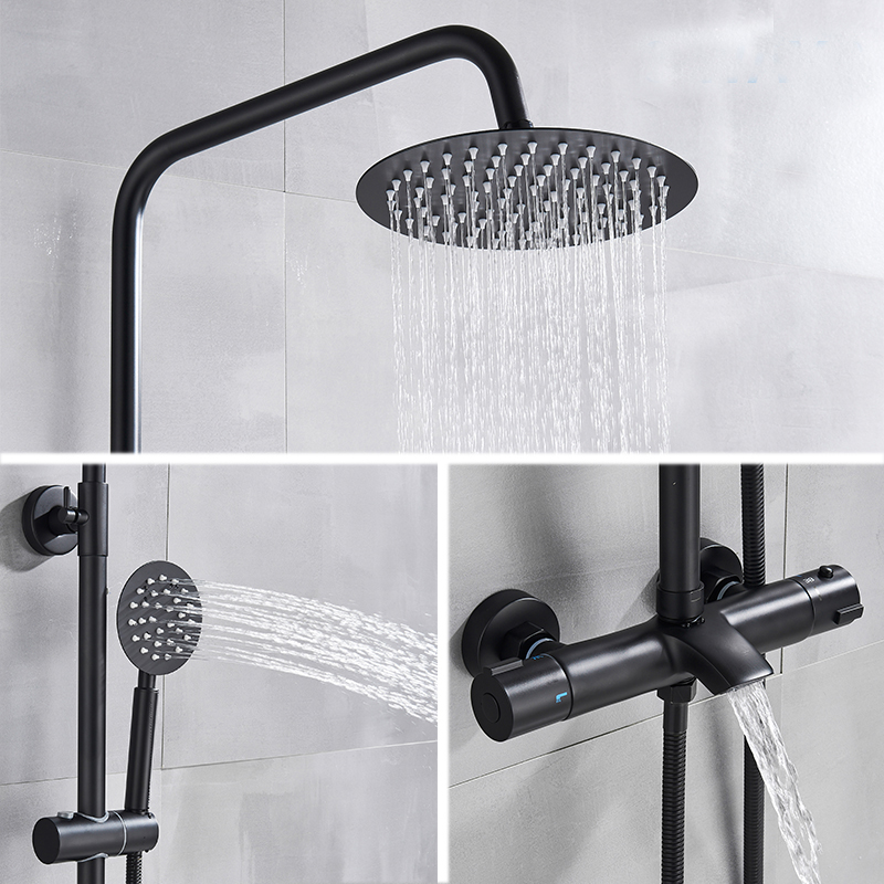 Rozin Thermostatic Shower Faucet Black and Chrome Color Rainfall Bathroom Fuacet Wall Mounted Shower Set with Handshower Mixers|Shower Faucets|   - AliExpress