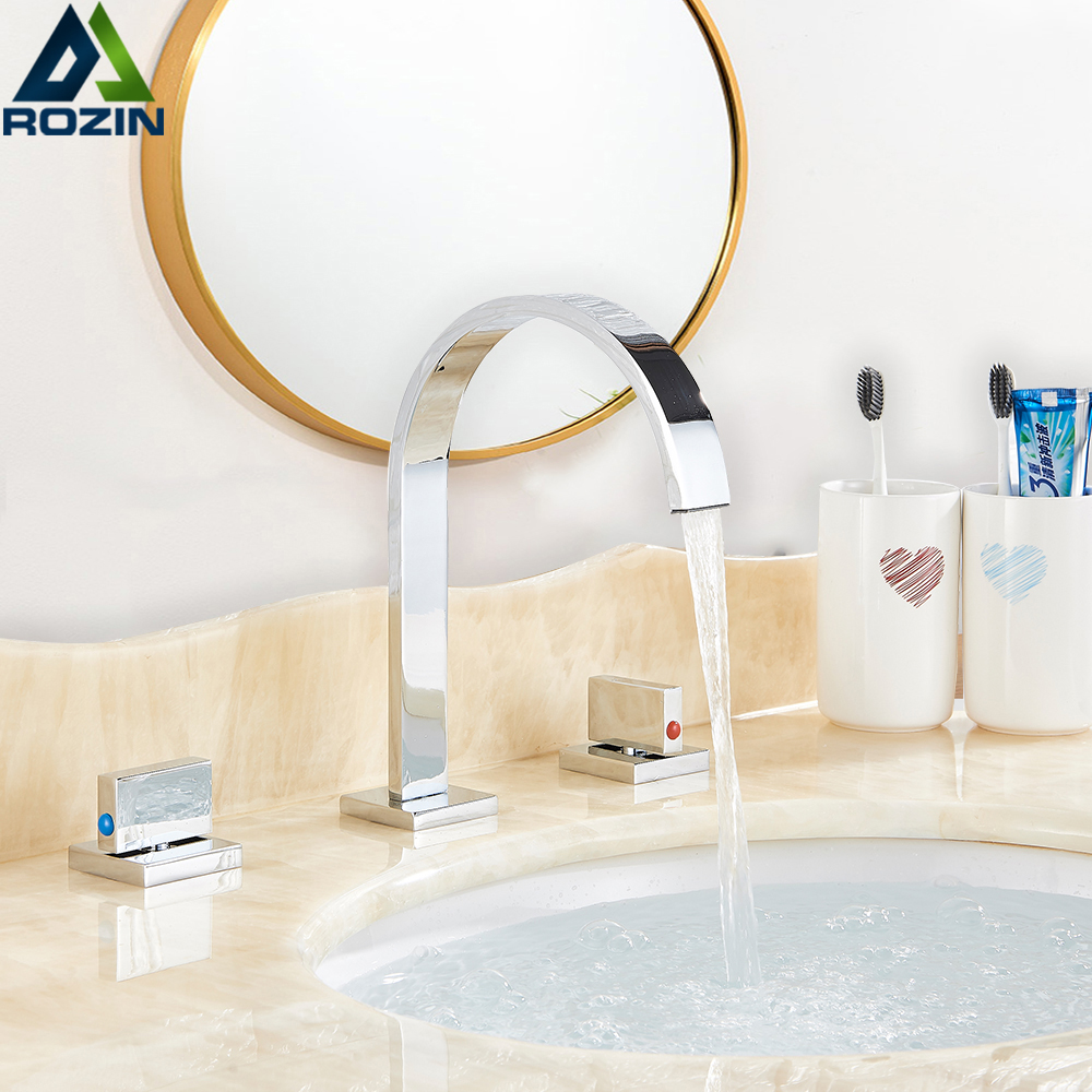 Polished Chrome Basin Faucets Deck Mounted Square Bathroom Sink Faucets Double Handle 3 Hole Cold Hot Basin Water Tap|Basin Faucets|   - AliExpress