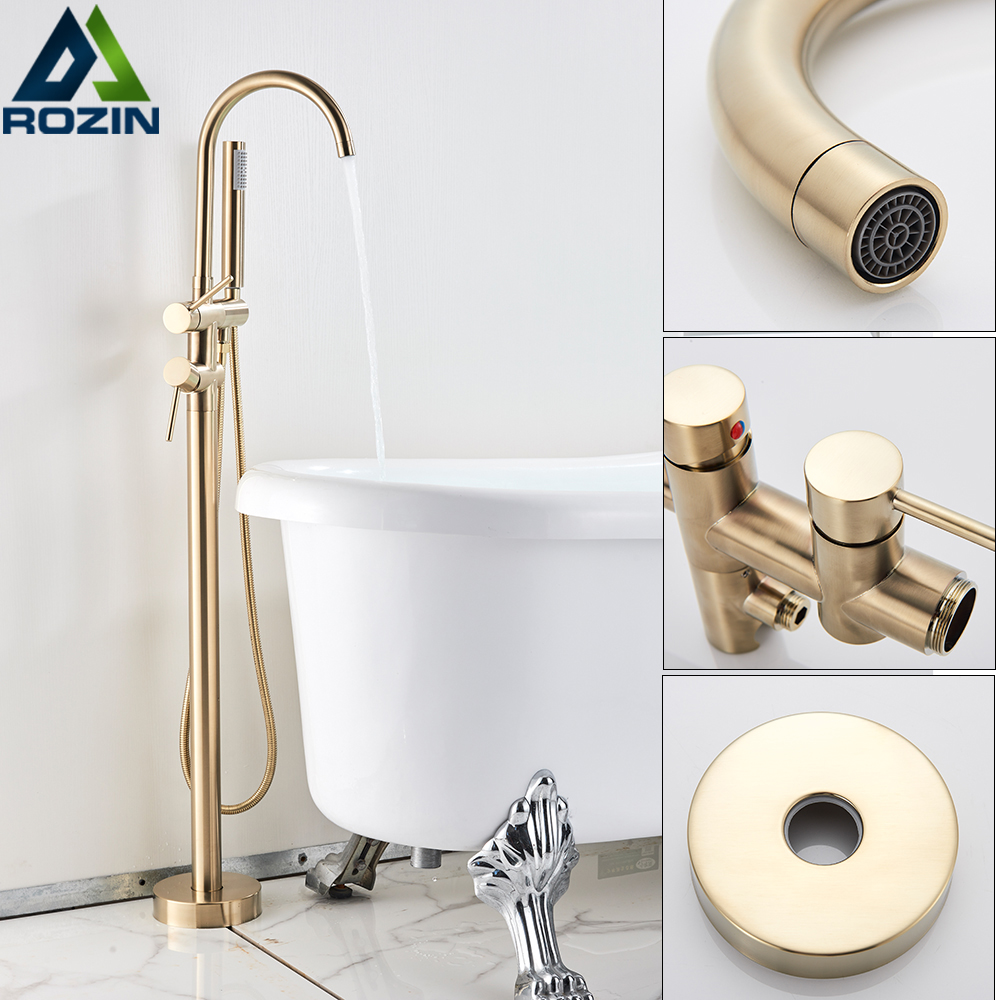 Brushed Golden Floor Mounted Bathtub Faucet Freestanding Tub Mixer Crane with Handshower Floor Mounted Claw Foot|Shower Faucets|   - AliExpress