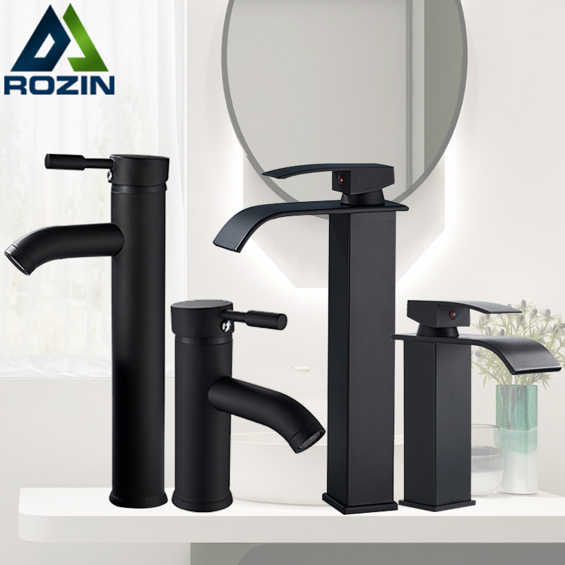 Rozin Matte Black Basin Faucet Deck Mounted Single Lever Bathroom Crane Waterfall Brass Bathroom Tap Hot Cold Water Mixer Taps|Basin Faucets|   - AliExpress