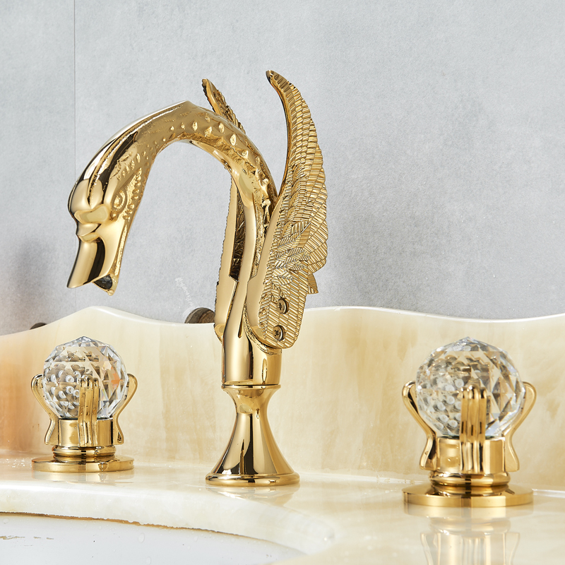 Rozin Gold Swan Basin Faucet Luxury Deck Mounted Dual Crystal Handle Bathroom Mixer Tap Cold and Hot Water Mixer Faucet|Basin Faucets|   - AliExpress