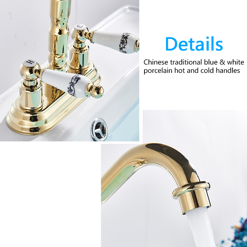 Rozin Gold Basin Faucet Dual Ceramics Handle Widespread Bathroom Faucets Deck Mounted Swivel Spout Hot Cold Water Mixers Tap|Basin Faucets|   - AliExpress