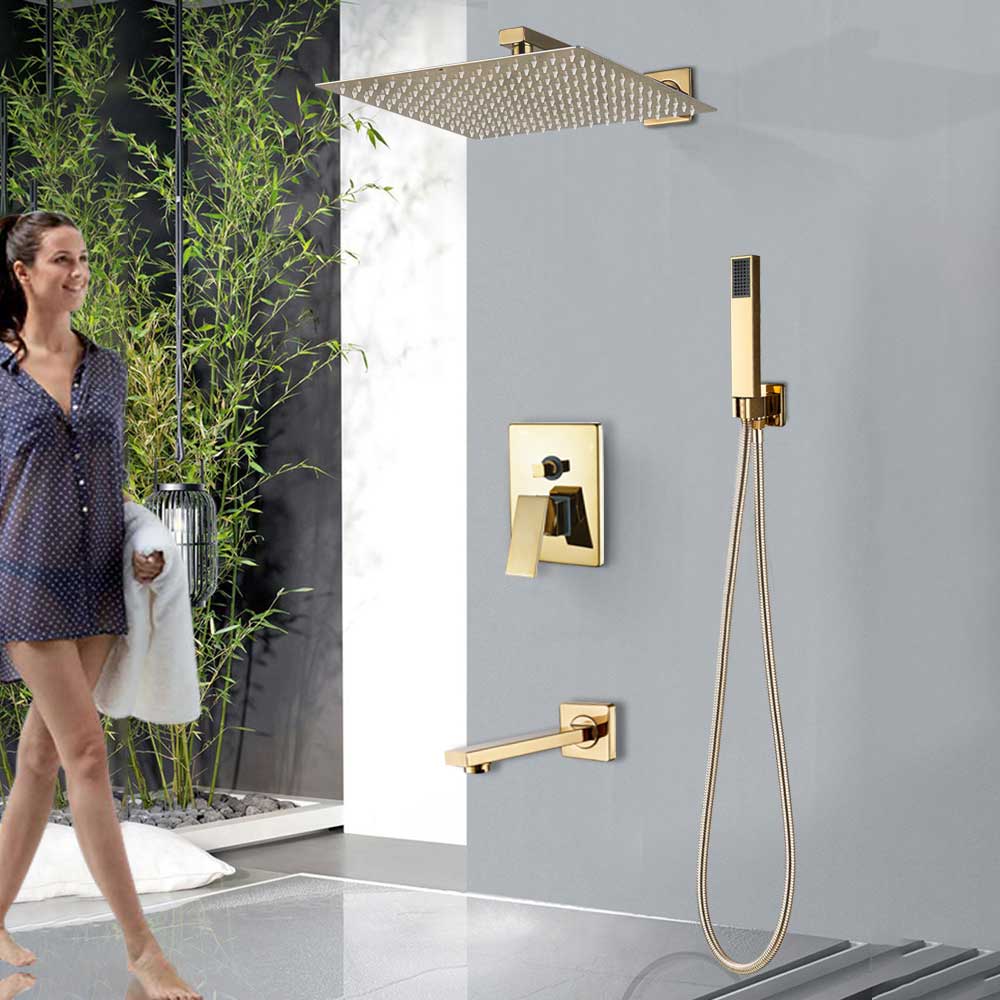 Golden Rainfall  Shower Faucet Set Wall Mount Stainless Steel 8/10/12"  Head Shower Mixer Tap Conceealed Install Bath Shower Tap|Shower Faucets|   - AliExpress