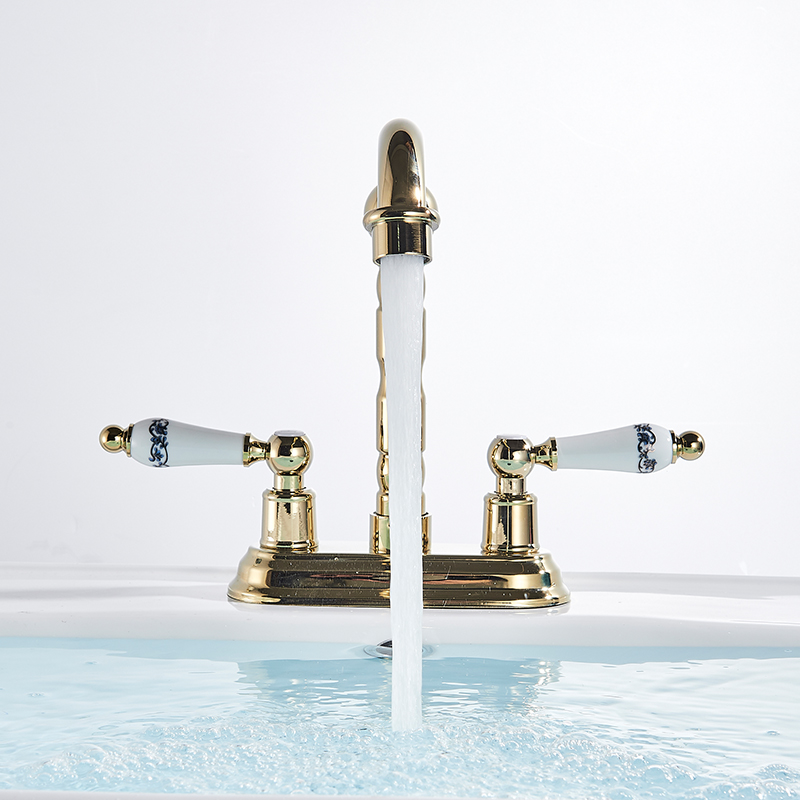 Rozin Gold Basin Faucet Dual Ceramics Handle Widespread Bathroom Faucets Deck Mounted Swivel Spout Hot Cold Water Mixers Tap|Basin Faucets|   - AliExpress