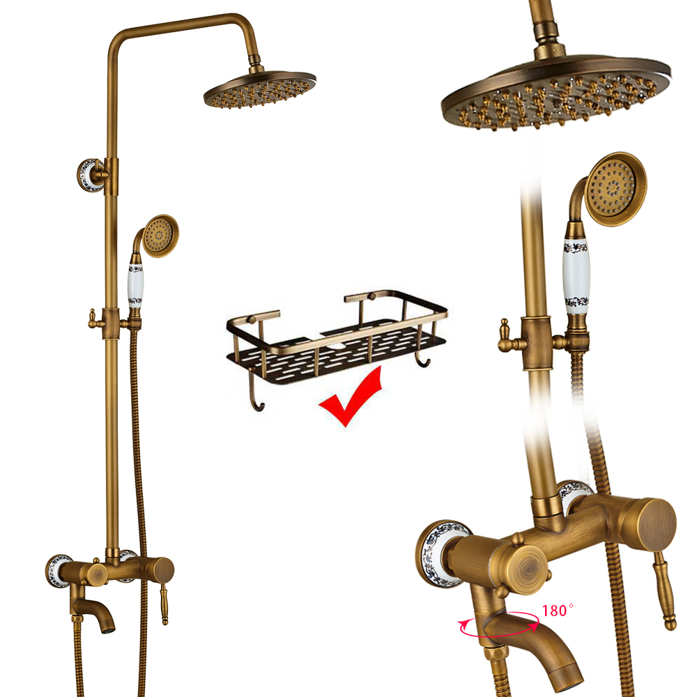 Antique Brass Bathroom Shower Faucet Complete Set Single Handle Ceramic Handshower Rotate Tub Filter Bath Shower Mixer Taps