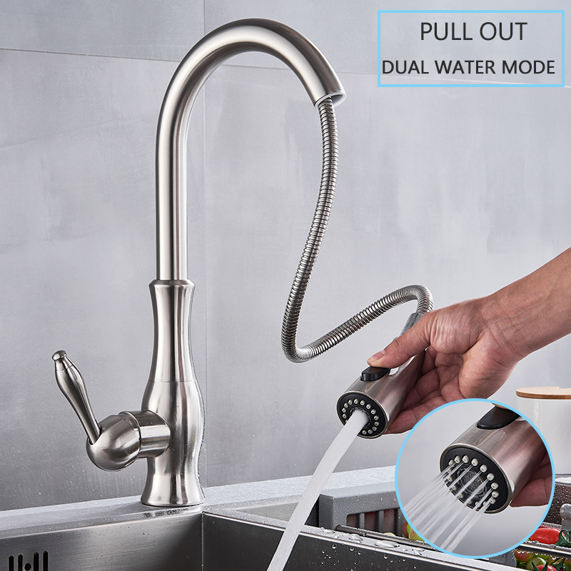 Brushed Nickel Kitchen Faucet Pull Out Bathroom Kitchen Mixer Tap Single Handle Stream Sprayer Kitchen Spout Hot Cold Water Tap|Kitchen Faucets|   - AliExpress