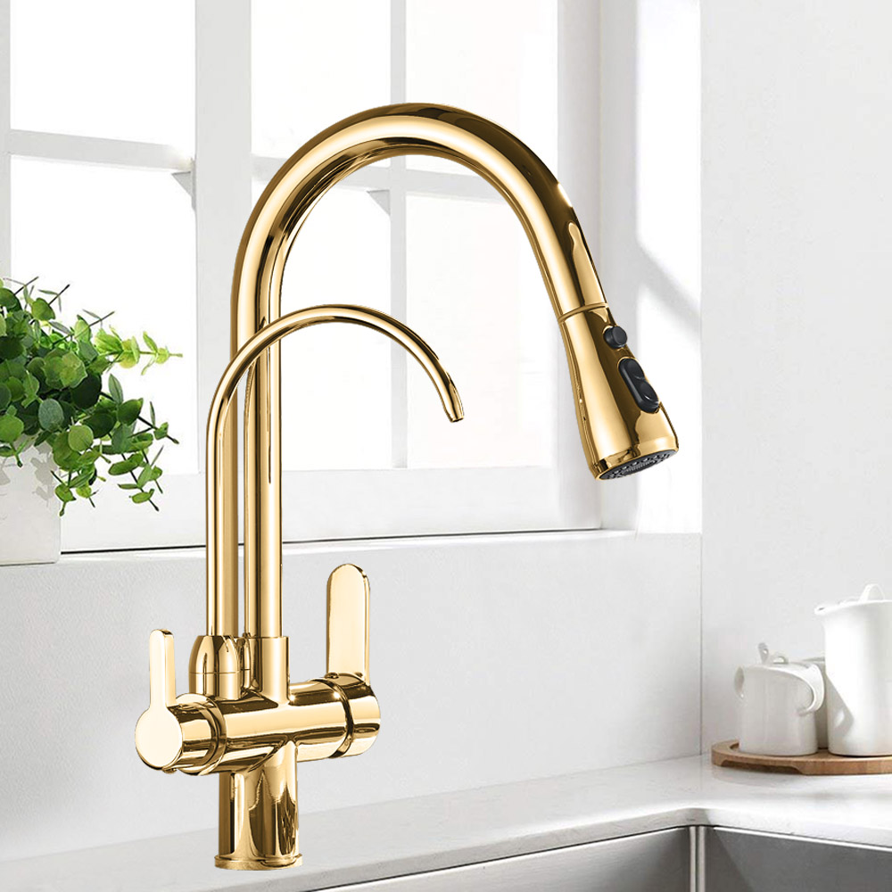 Black and Golden Filtered Crane For Kitchen Pull Out Sprayer  drinking water Three Ways Water Filter Tap Kitchen Faucet hot cold|tap out|kitchen sink mixerhot cold - AliExpress