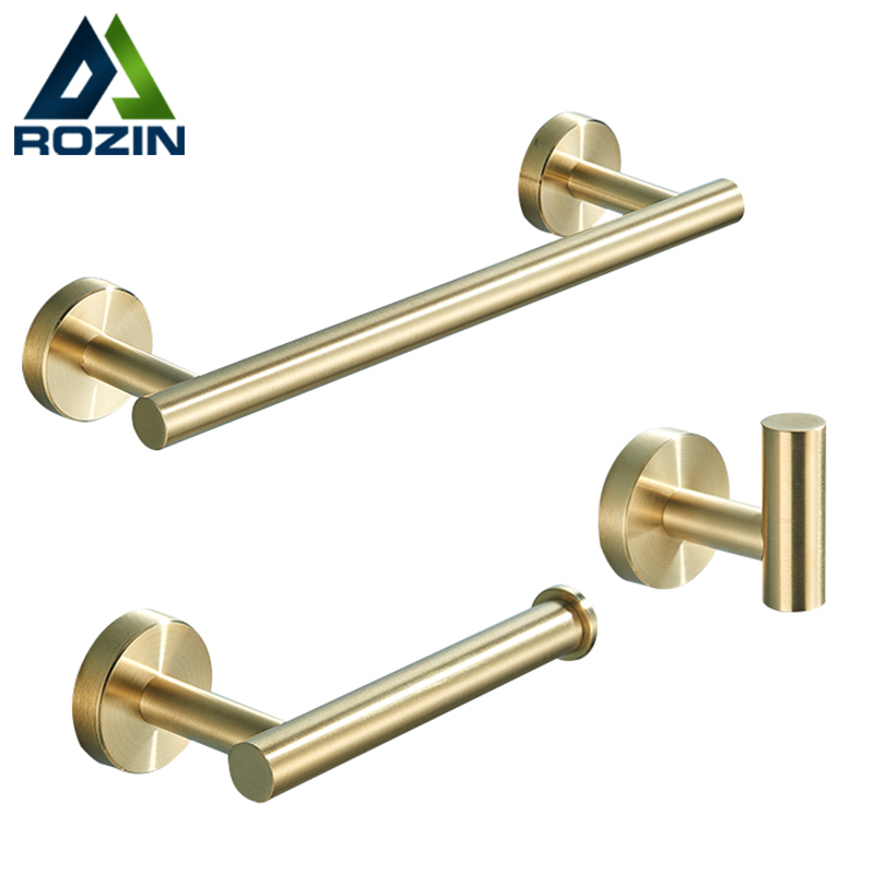 Rozin Brushed Gold Round Bathroom Accessories Set 304 Stainless Steel Bathroom Towel Bar Toilet Paper Holder with Hooks Kit|Bath Hardware Sets|   - AliExpress