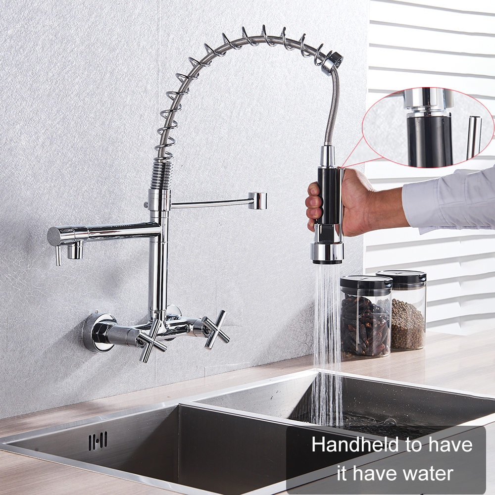 Wall Mount Spring Basin Kitchen Faucet Pull Down Hot Cold Water Kitchen Sink Mixer Tap Dual Handle Two Swivel Spout Basin Tap|Basin Faucets|   - AliExpress