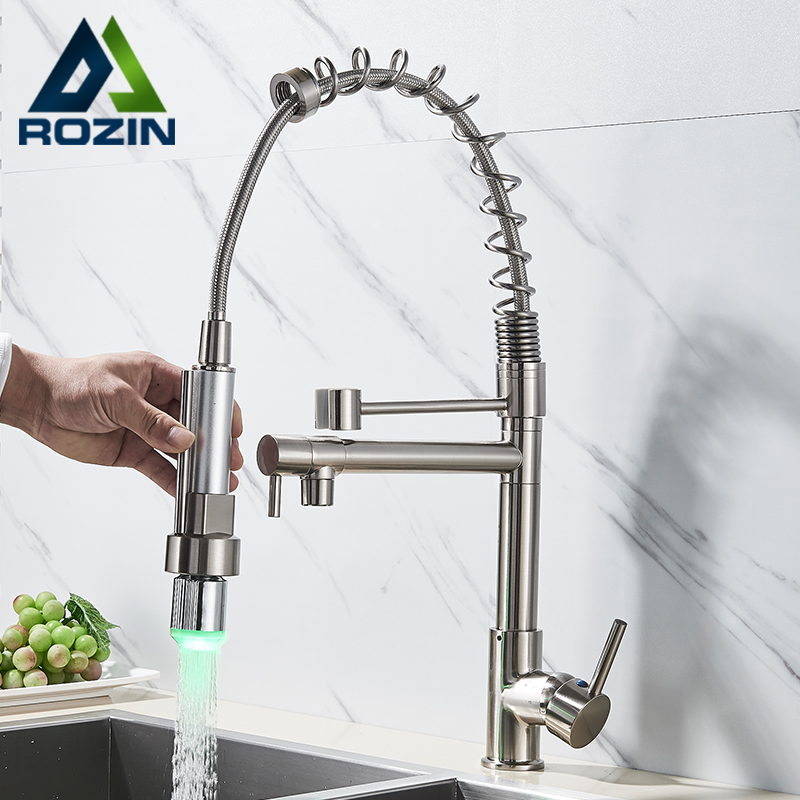 LED Color Changing Kitchen Faucet Mixer Tap Spring Polished Chrome Kitchen Crane Tap Deck Mounted Swive Spout Pull Down Faucet|Kitchen Faucets|   - AliExpress