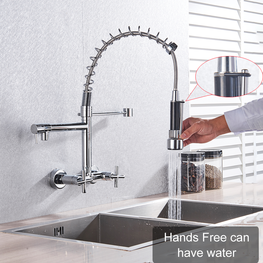 Wall Mount Spring Basin Kitchen Faucet Pull Down Hot Cold Water Kitchen Sink Mixer Tap Dual Handle Two Swivel Spout Basin Tap|Basin Faucets|   - AliExpress