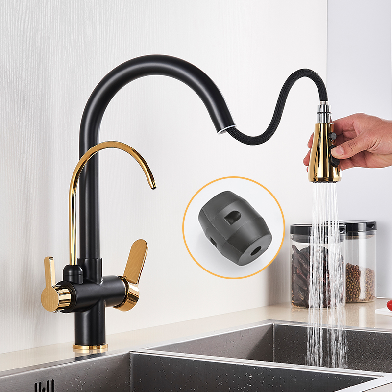 Black and Golden Filtered Crane For Kitchen Pull Out Sprayer  drinking water Three Ways Water Filter Tap Kitchen Faucet hot cold|tap out|kitchen sink mixerhot cold - AliExpress