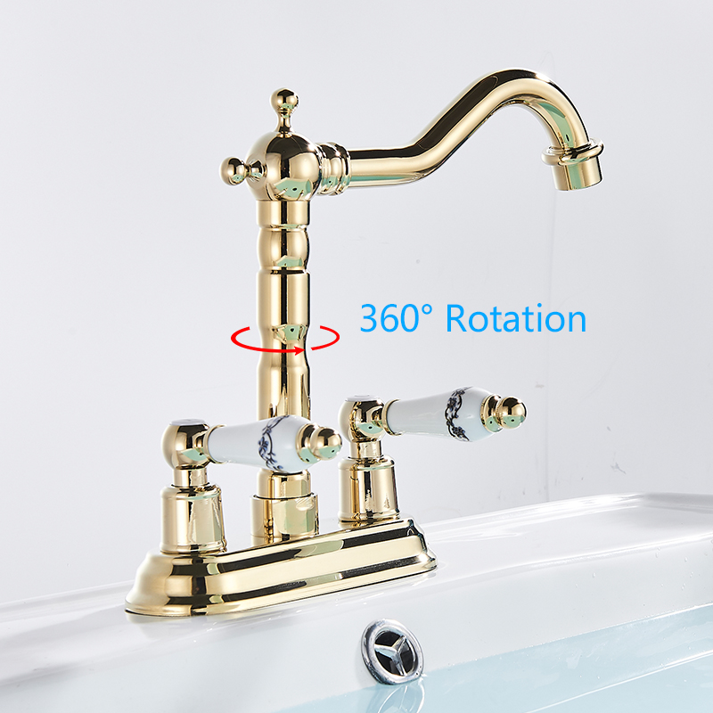 Rozin Gold Basin Faucet Dual Ceramics Handle Widespread Bathroom Faucets Deck Mounted Swivel Spout Hot Cold Water Mixers Tap|Basin Faucets|   - AliExpress