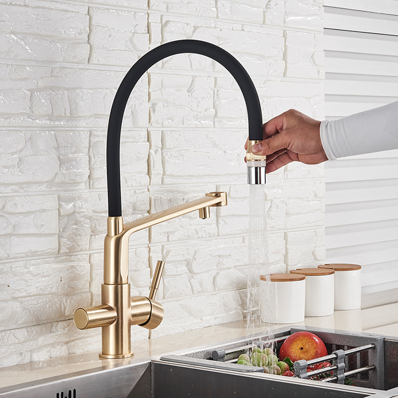 rozin Filter Kitchen Faucet Brushed Gold 360 Swivel Pure Water Faucets for Kitchen Black Pull Down Purification Water Mixer Tap|Kitchen Faucets|   - AliExpress