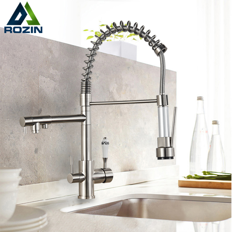 Brushed Nickel Kitchen Faucet Filter Purification water Kitchen Faucets Dual Spout Spring Pull Down Hot Cold Water Mixer Tap|Kitchen Faucets|   - AliExpress