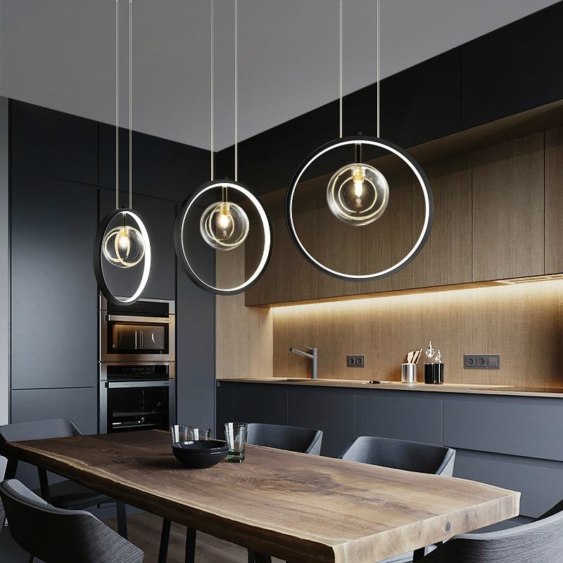 Black Modern Minimalist LED Pendant Light Clear Glass Ball Kitchen Island Hanging Lamp Dining Room Bar Coffee Shop Round Fixture|Pendant Lights|   - AliExpress