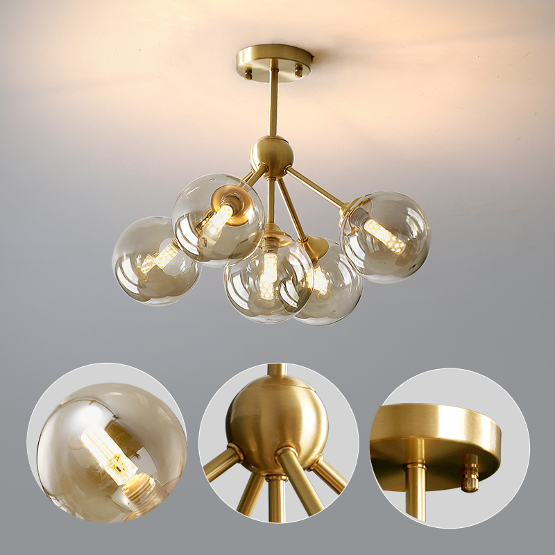 Modern copper LED chandelier dining room glass lighting bedroom cognac glass ball restaurant Nordic living room hanging lamp|Chandeliers|   - AliExpress