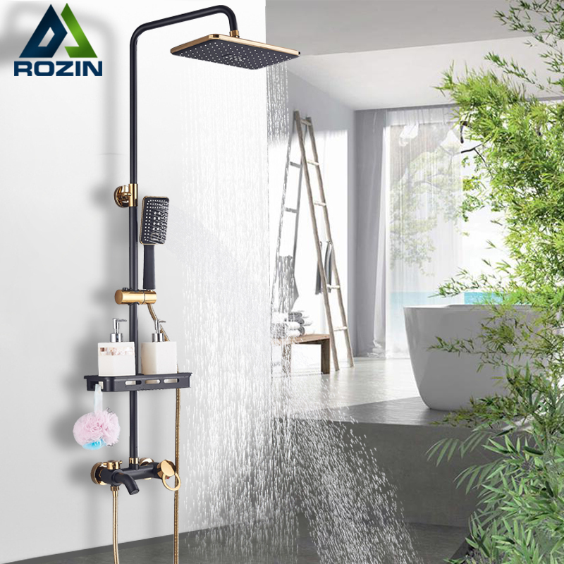 Rozin Black gold Shower Faucet Set Bathroom Rainfall Shower Kit with shelf  Wall Mounted Swivel Tub Spout Hot Cold Mixer Tap|Shower Faucets|   - AliExpress