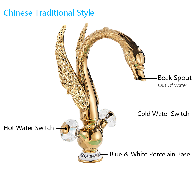 Rozin Luxury Golden Basin Faucet Golden Swan Shape Bathroom Faucet Soild Brass Deck Mount Hot Cold Water Dual handle Mixer Tap|Basin Faucets|   - AliExpress