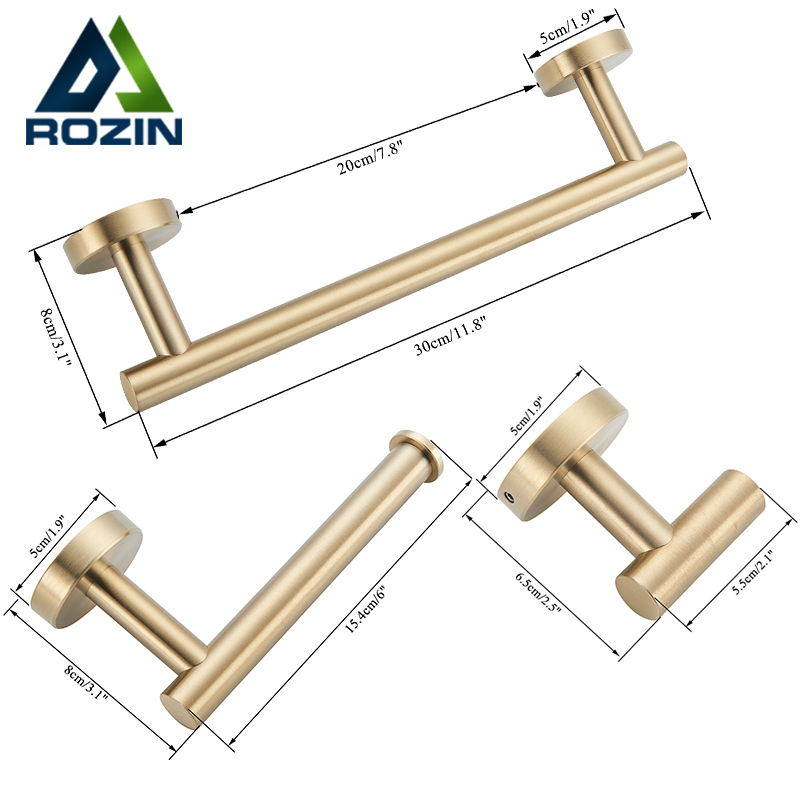 Rozin Brushed Gold Round Bathroom Accessories Set 304 Stainless Steel Bathroom Towel Bar Toilet Paper Holder with Hooks Kit|Bath Hardware Sets|   - AliExpress