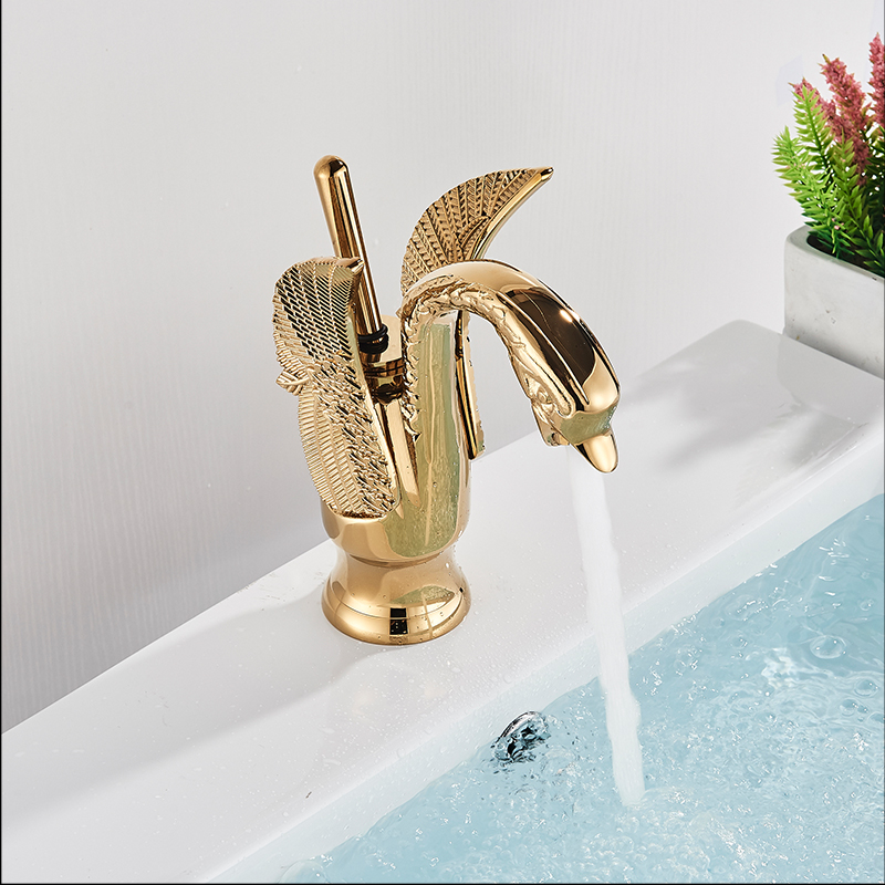 Golden Basin Faucet Brass Deck Mount Bathroom Faucets Swan Shape Single handle Lavatory Sink Hot Cold Water Mixer Taps|faucet thermostatic|faucet extensionplate lifter - AliExpress