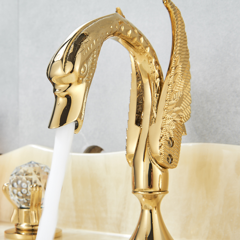 Rozin Gold Swan Basin Faucet Luxury Deck Mounted Dual Crystal Handle Bathroom Mixer Tap Cold and Hot Water Mixer Faucet|Basin Faucets|   - AliExpress