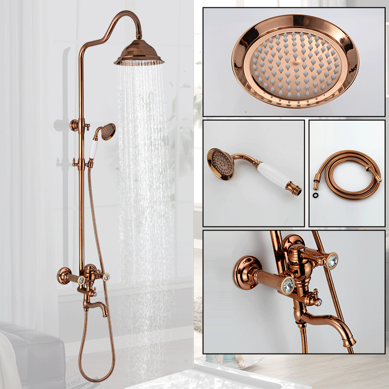 Rozin Rose Gold Shower Faucet Set Wall Mounted Rainfall Bathroom Faucets Brass Dual Handles Hot Cold Water Mixer Tap|Shower Faucets|   - AliExpress