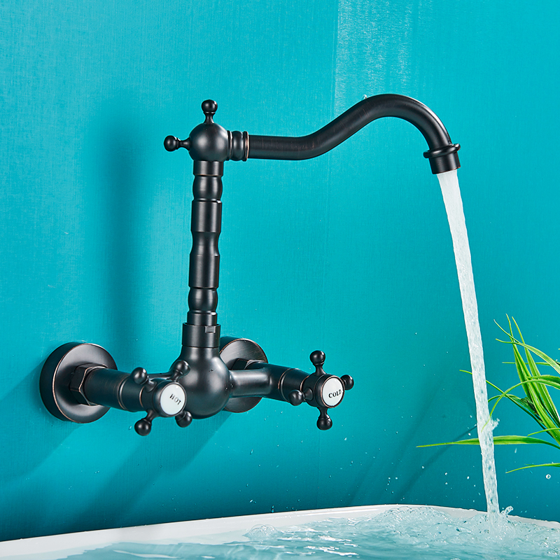 Rozin Black Basin Faucet Wall Mounted Dual Handles Bathroom Faucets Swivel Spout Antique Brass Crane Hot Cold Water Mixer Tap|Basin Faucets|   - AliExpress