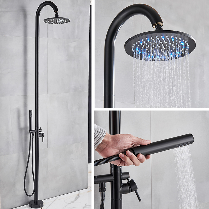 Rozin Outdoor Shower Faucet Set Black LED Floor Standing swimming pool Shower Kit Rotatable 10" Rainfall Head Bathroom Mixer Tap|Shower Faucets|   - AliExpress