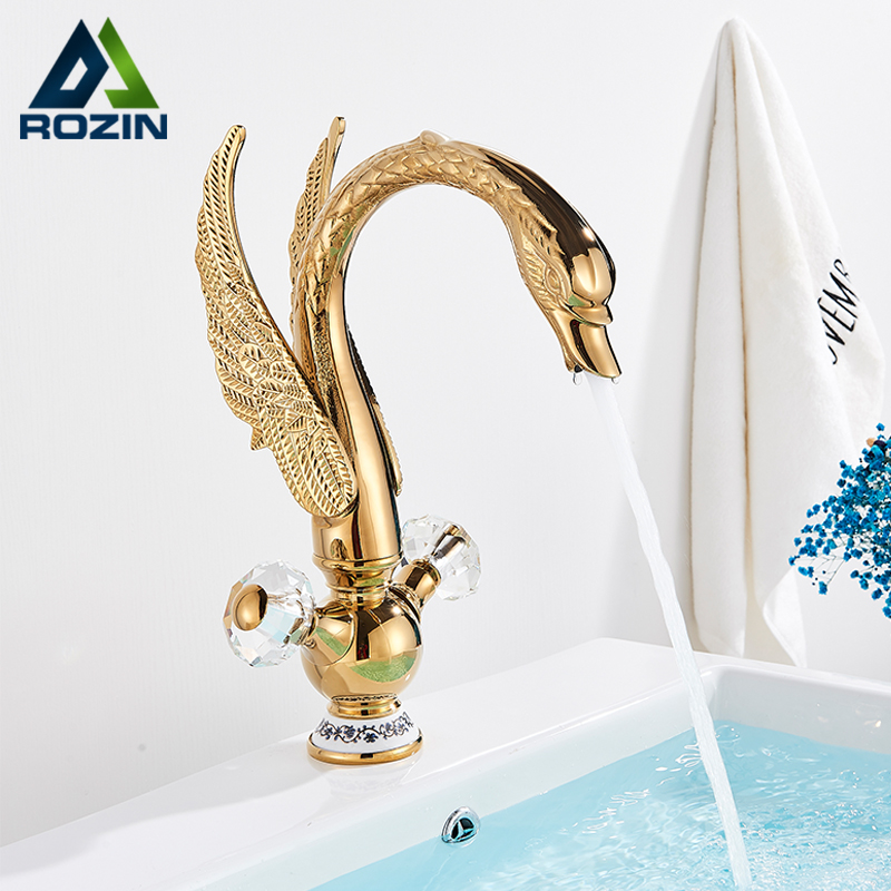 Rozin Luxury Golden Basin Faucet Golden Swan Shape Bathroom Faucet Soild Brass Deck Mount Hot Cold Water Dual handle Mixer Tap|Basin Faucets|   - AliExpress