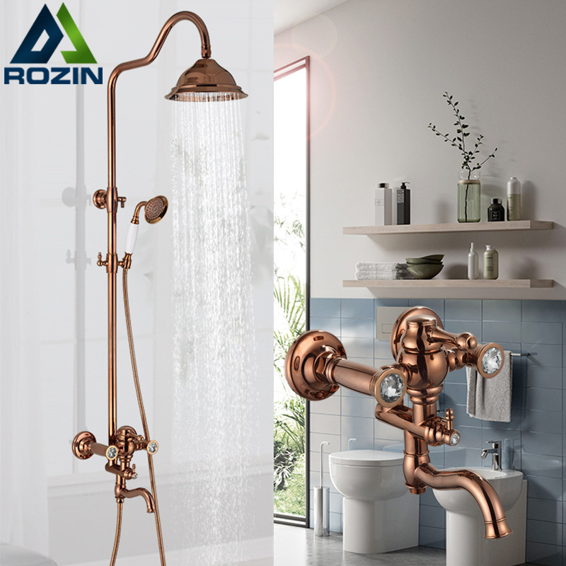 Rozin Rose Gold Shower Faucet Set Wall Mounted Rainfall Bathroom Faucets Brass Dual Handles Hot Cold Water Mixer Tap|Shower Faucets|   - AliExpress