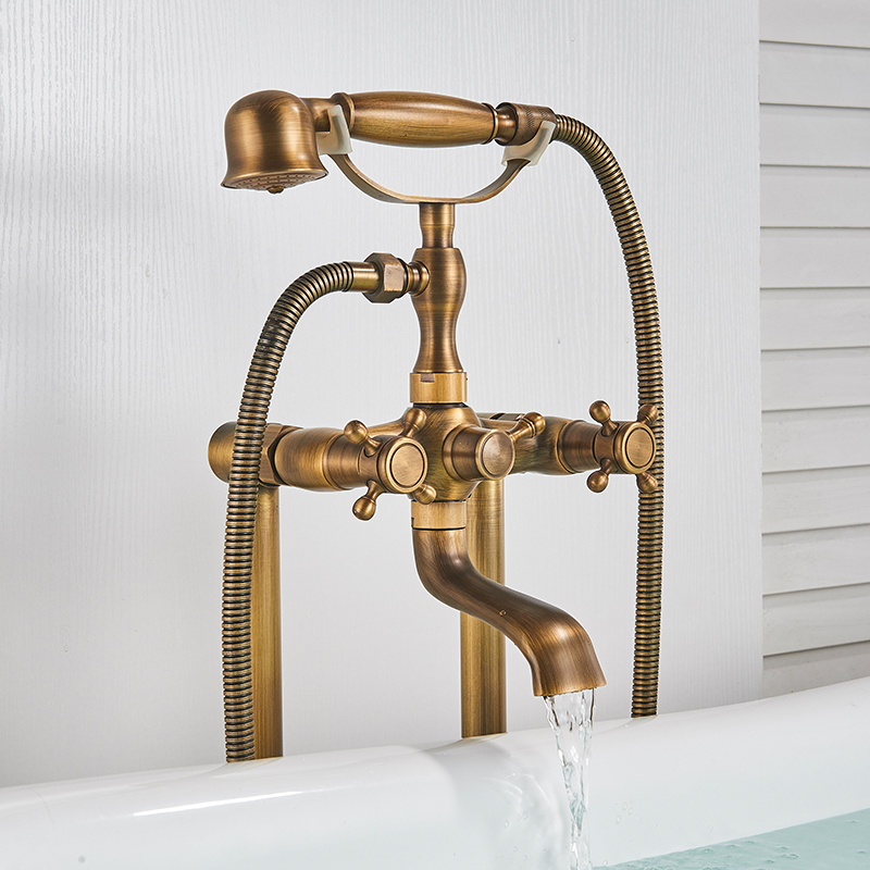 Antique Brass Floor Mounted Tub Sink Faucet Dual Handle Bathroom Bath Shower Set Freestanding Bathtub Mixer Tap with Handshower|pipe plumbing|shower hose 1.5mshower hose - AliExpress