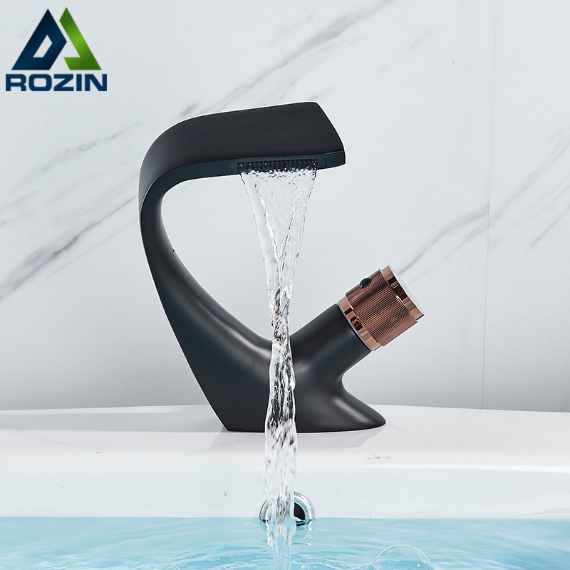 Rozin Matte Black Basin Faucets Waterfall Modern Brass Bathroom Faucet Deck Mount Simple Design Crane Cold Hot Water Mixer Tap|Basin Faucets|   - AliExpress