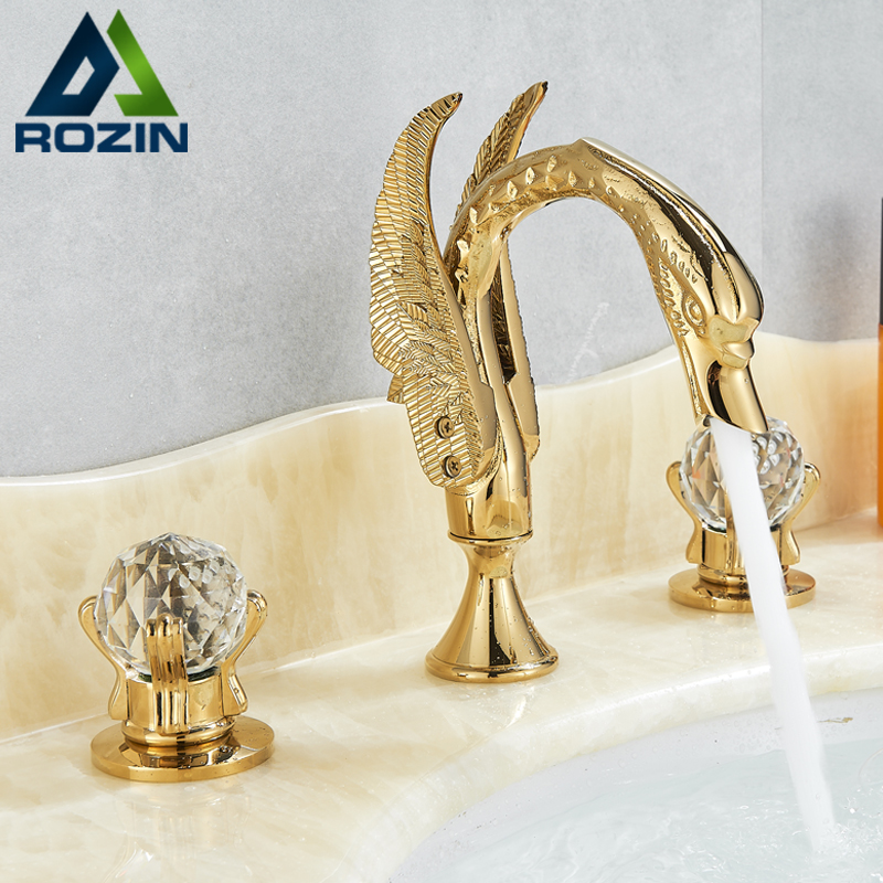 Rozin Gold Swan Basin Faucet Luxury Deck Mounted Dual Crystal Handle Bathroom Mixer Tap Cold and Hot Water Mixer Faucet|Basin Faucets|   - AliExpress