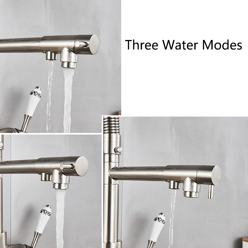 Brushed Nickel Kitchen Faucet Filter Purification water Kitchen Faucets Dual Spout Spring Pull Down Hot Cold Water Mixer Tap|Kitchen Faucets|   - AliExpress