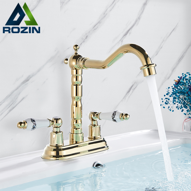 Rozin Gold Basin Faucet Dual Ceramics Handle Widespread Bathroom Faucets Deck Mounted Swivel Spout Hot Cold Water Mixers Tap|Basin Faucets|   - AliExpress