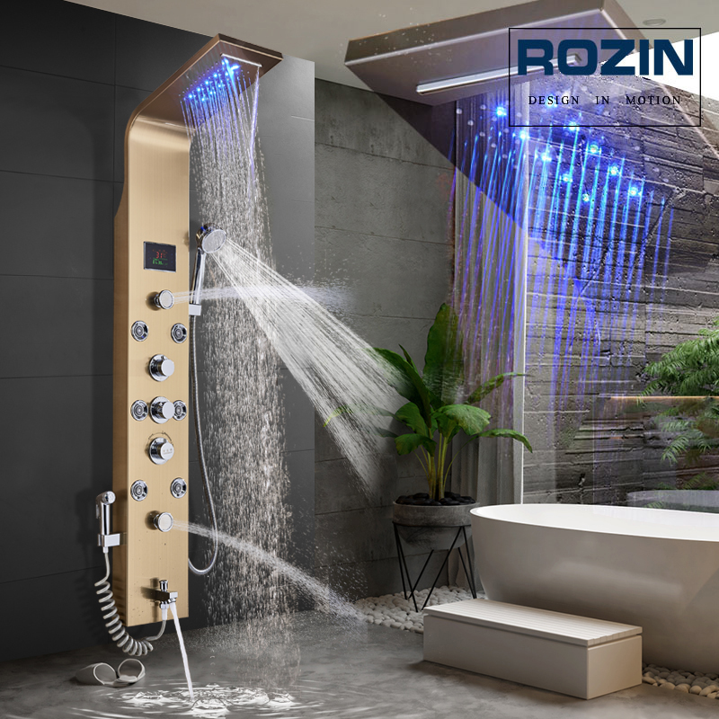 Golden Shower Panel Waterfall Rain Shower Column Wall Mounted LED Light Bathroom Shower System Swivel Massage Jet Bidet Sprayer|Shower Faucets|   - AliExpress