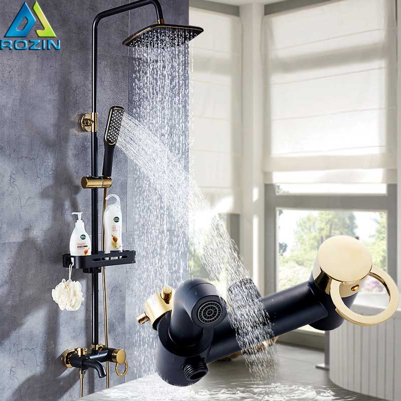 Rozin Brass Golden Shower Faucet Rainfall Bathroom Shower Set Shower Mixer Tap Black Gold Rainfall Shower System Hot Cold Mixer|Shower Faucets|   - AliExpress