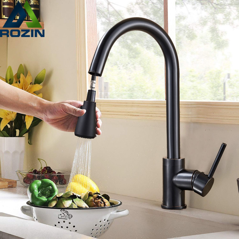 Black Pull Down Kitchen Faucet Tap Single Handle Oil Rubbed Bronze Kitchen Sink Mixer Tap 2 pattern Shower Spout Hot Cold Faucet|Kitchen Faucets|   - AliExpress