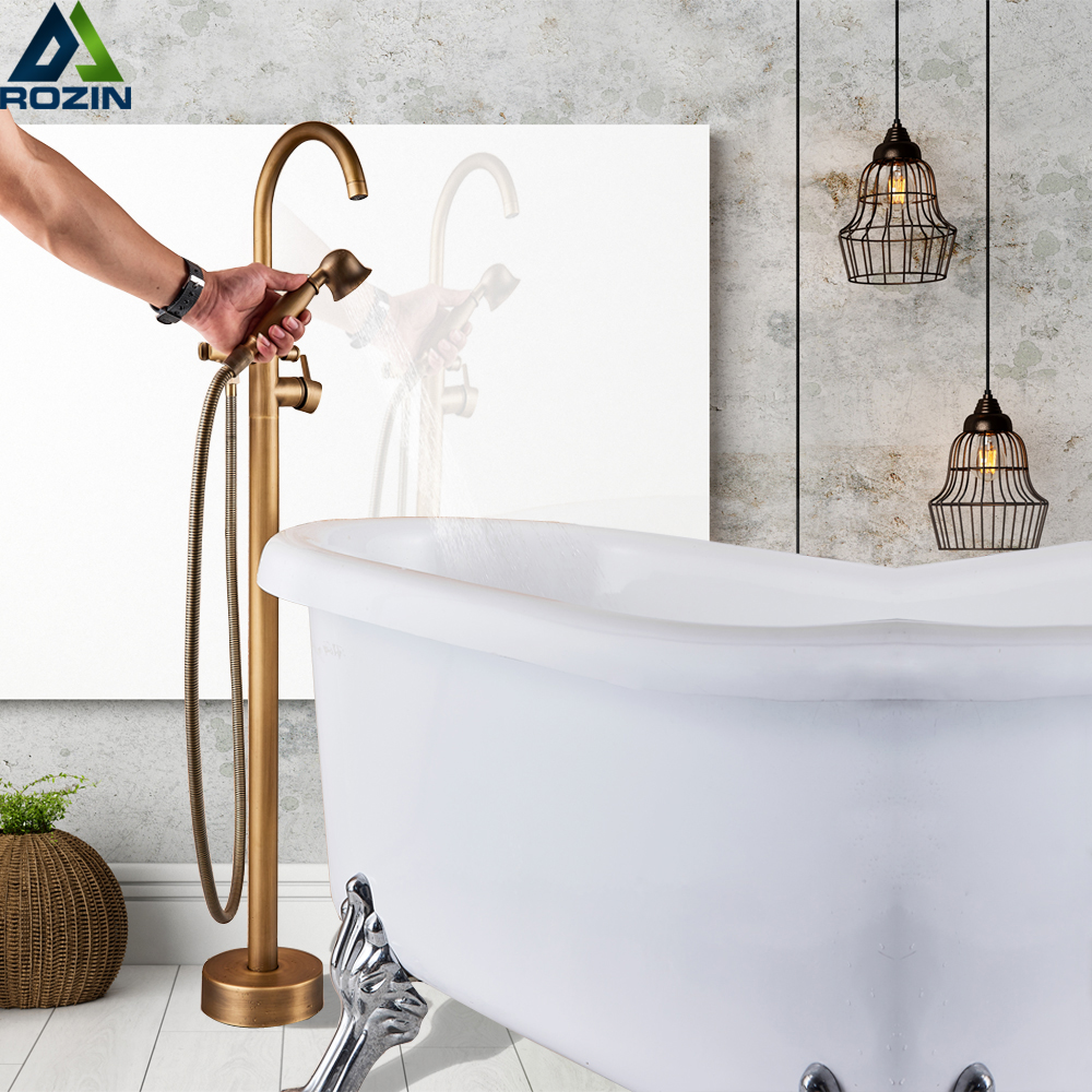 Antique Brass Floor Mount Bath Tub Faucet Single Lever Swivel Spout Bath Shower Mixer Tap Free Standing Claw Foot Bathtub Faucet|Shower Faucets|   - AliExpress