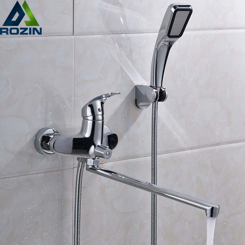 Polish Chrome Bath Shower Faucet Wall Mounted Long Nose Bathtub Sink Taps with Hand Shower and Bracket|wall mount|wall faucetwall bathtub faucets - AliExpress