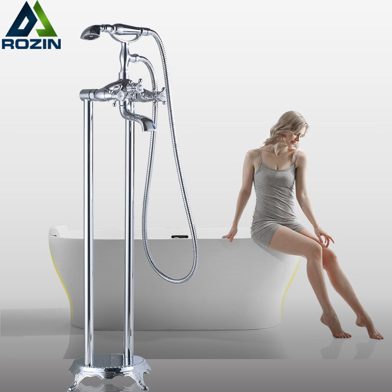 Chrome Free Standing Bath Tub Faucet Dual Handle Brass Floor Mounted Clawfoot Bathroom Bathtub Mixers Swivel Spout Hand Shower|shower shower|shower spoutshower swivel - AliExpress